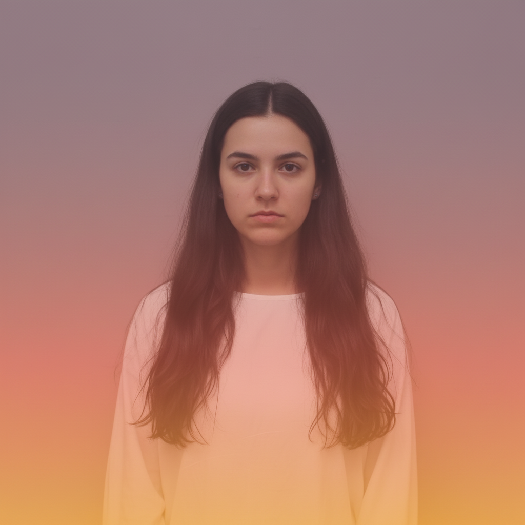 Woman with dreamy orange-pink-purple sunset gradient background