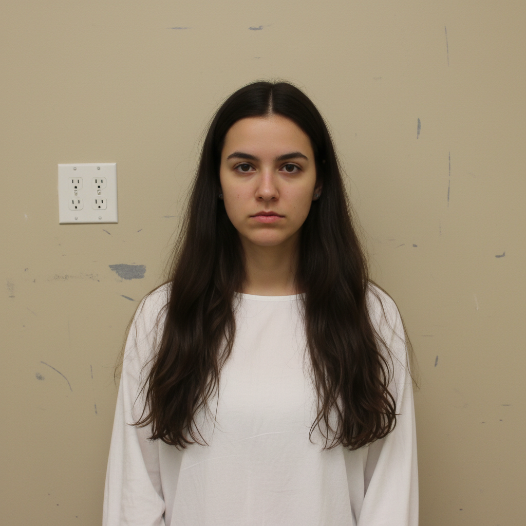 Woman against plain beige wall with scuff marks