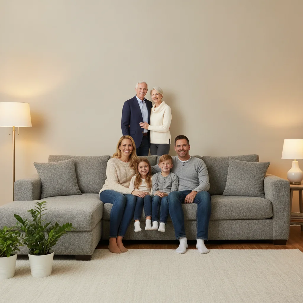 Family photo with grandparents now standing behind the couch, smiling warmly