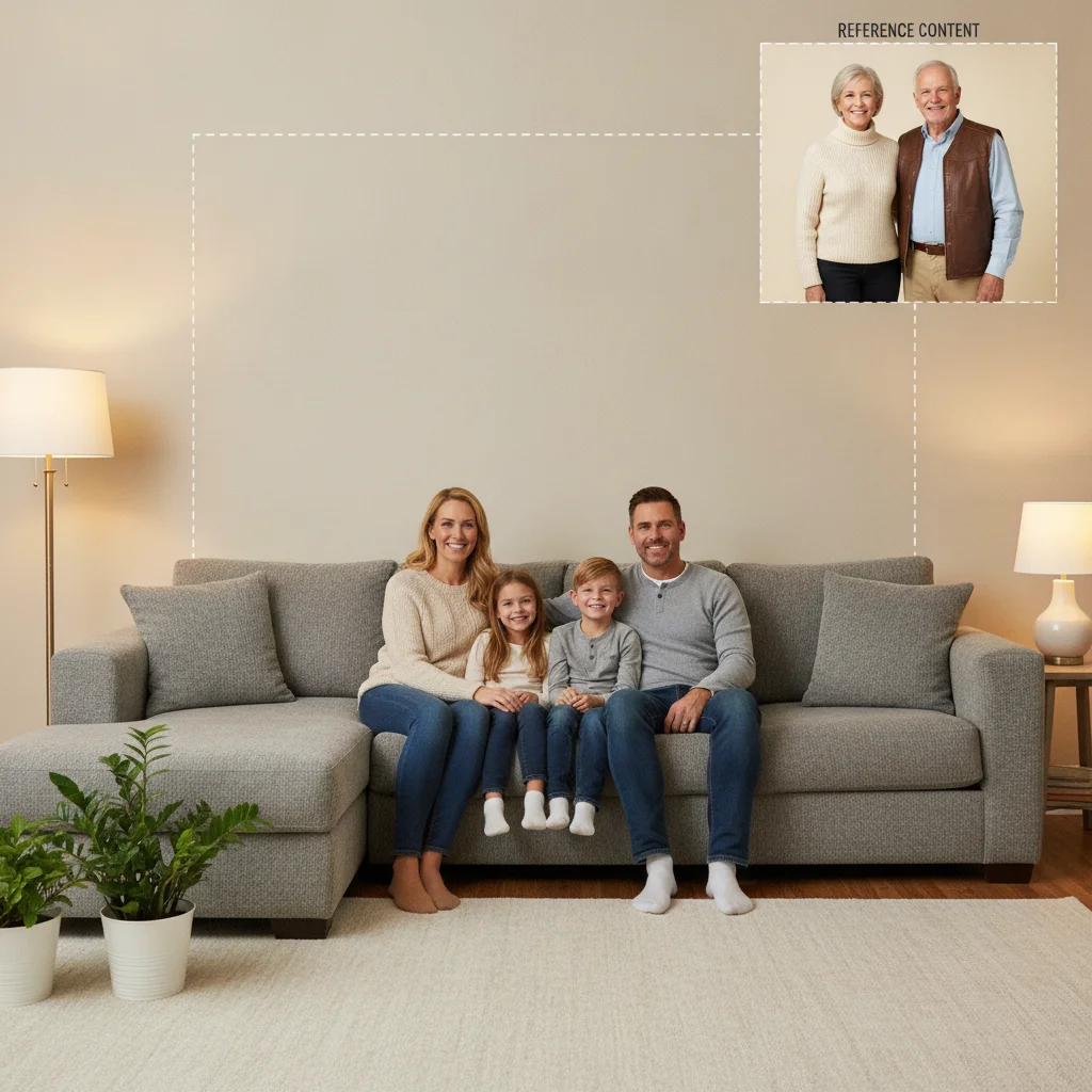 Family of four on a couch with open space behind them, and an older couple alone against a plain background