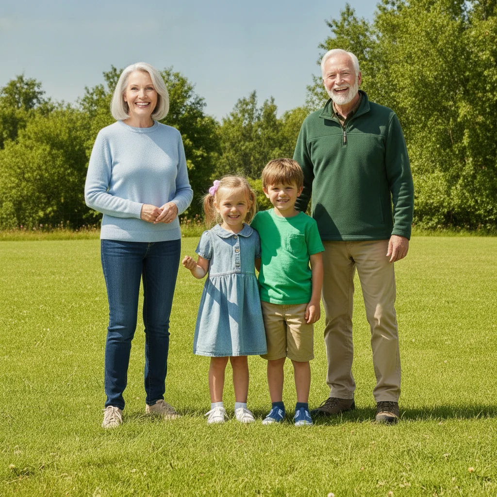 Grandparents now standing on either side of their grandchildren outdoors, matched sunlight