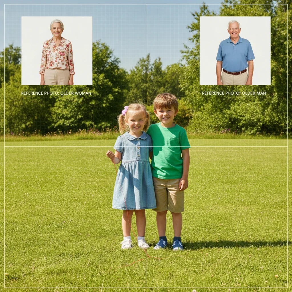 Two children standing outdoors with open space on both sides, and grandparents shown separately against a plain background
