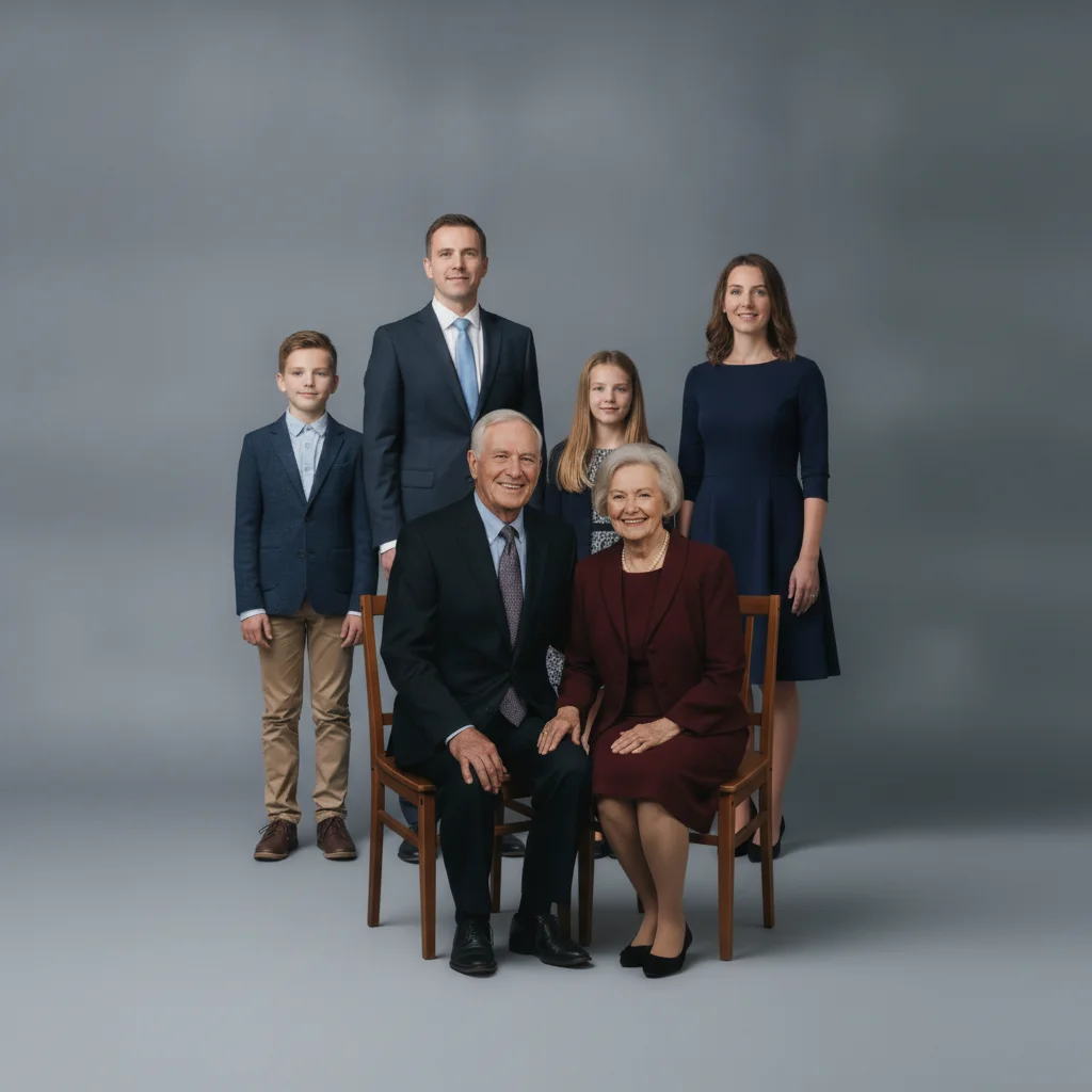 Formal family portrait with grandparents now seated in the front row