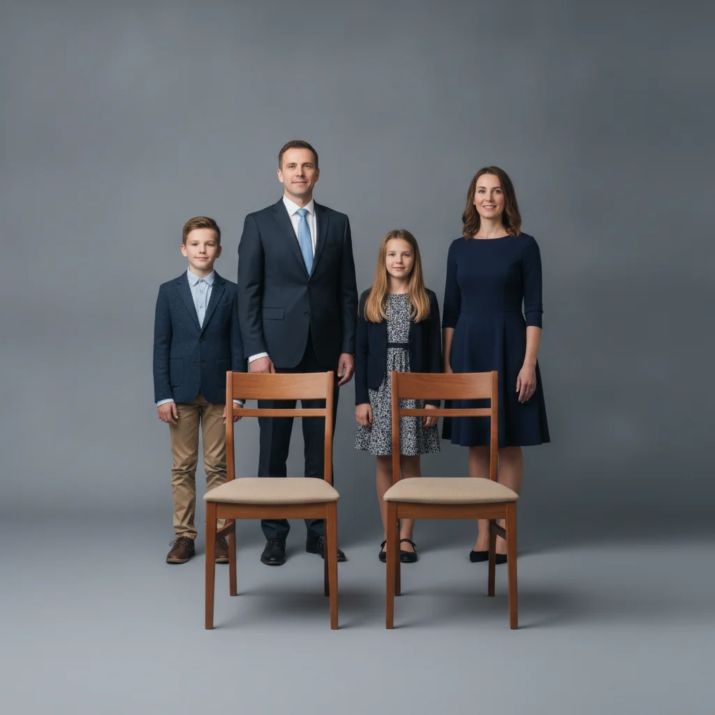 Family of five standing with two empty chairs in front, and grandparents seated separately against a matching backdrop
