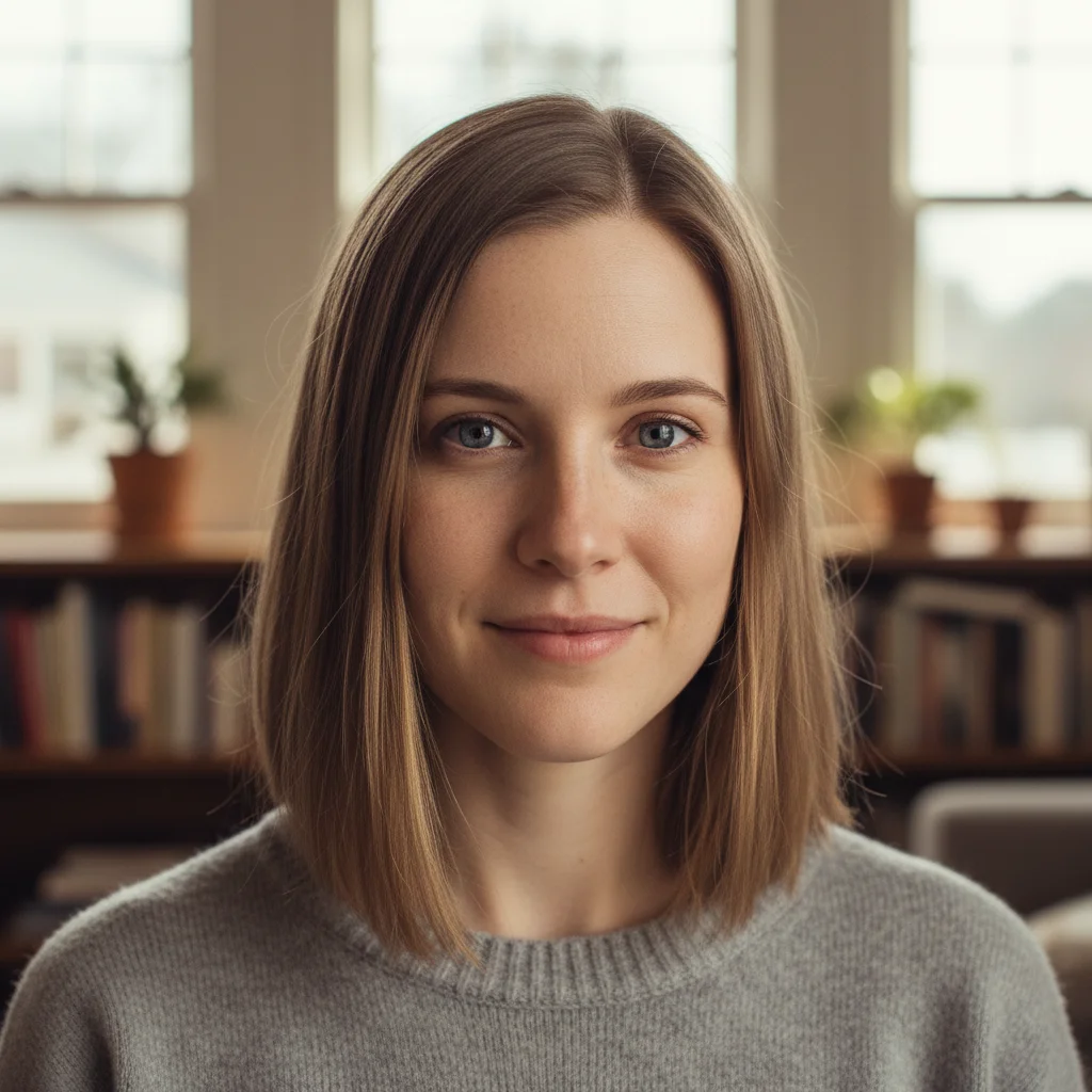 Woman with thin light brown mid-length hair