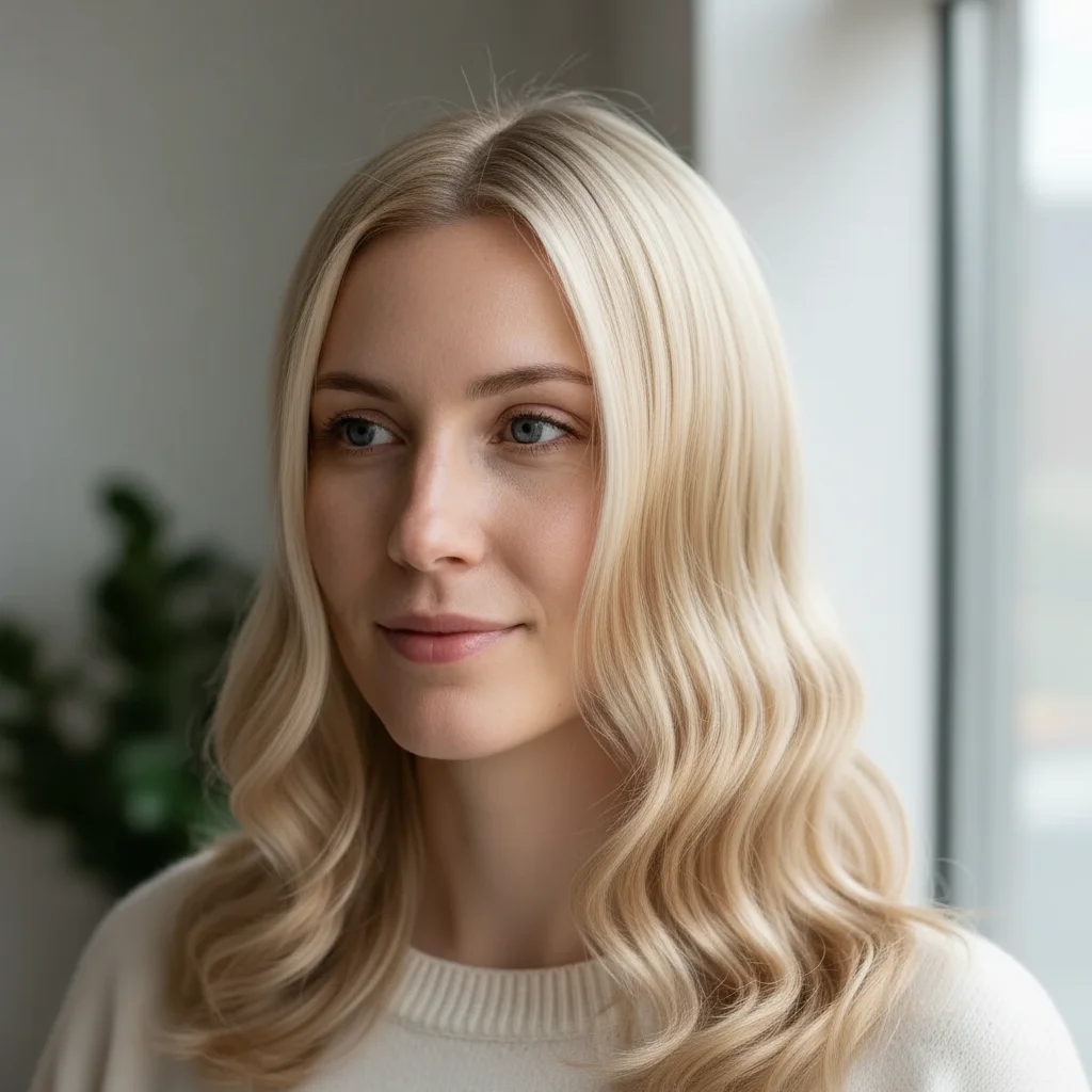 Same woman with flowing wavy mid-back extensions added