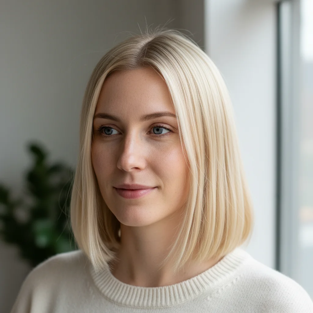 Woman with straight chin-length blonde hair