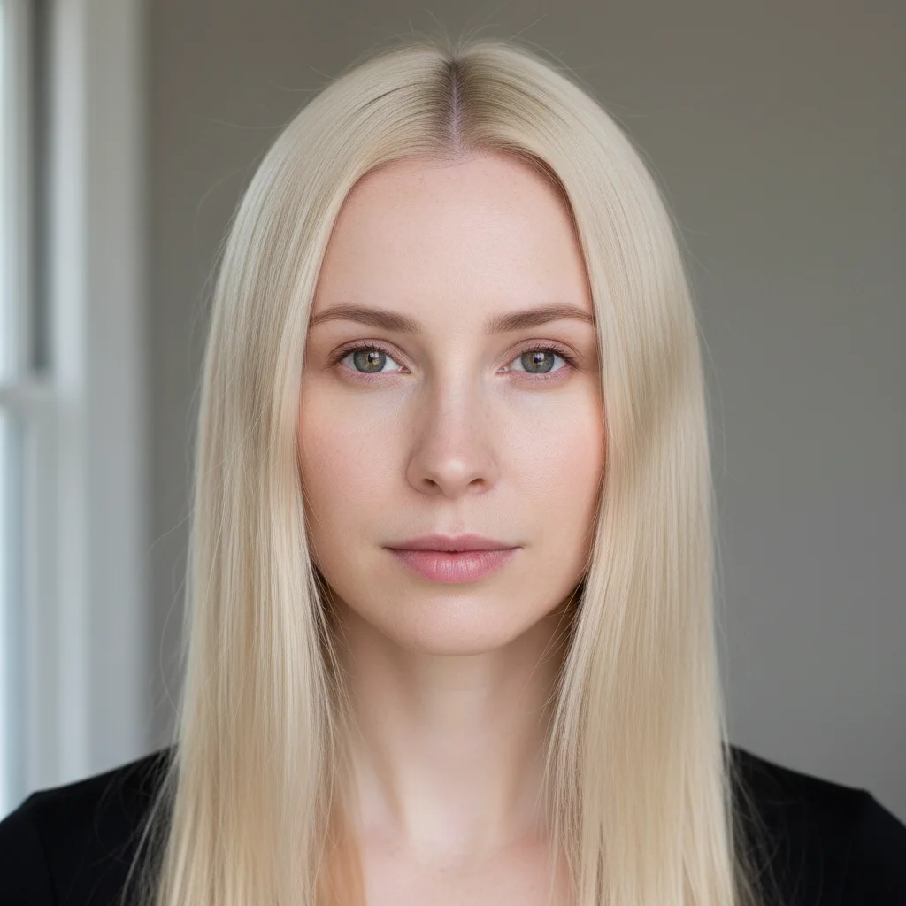 Portrait of person with completely shaved head against gray background