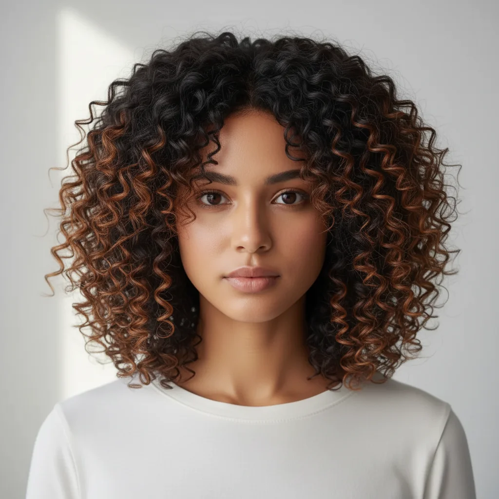 Same woman with voluminous dark-to-brown curly hair added, replacing the straight bob