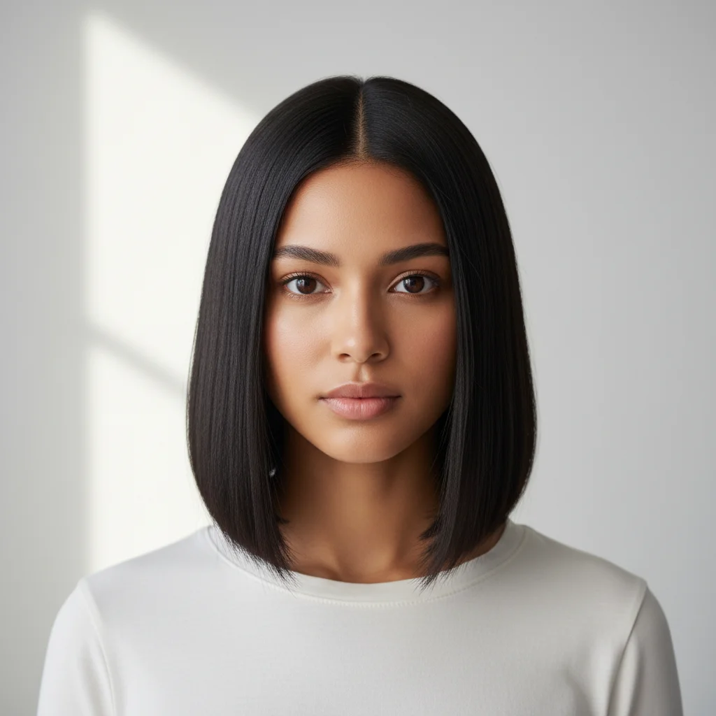 Woman with a sleek straight black bob hairstyle on a white background