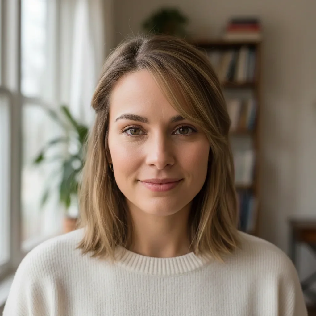 Same woman with side-swept bangs added from reference photo
