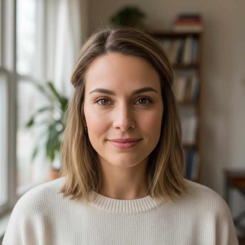 Woman with light brown medium-length hair and no bangs