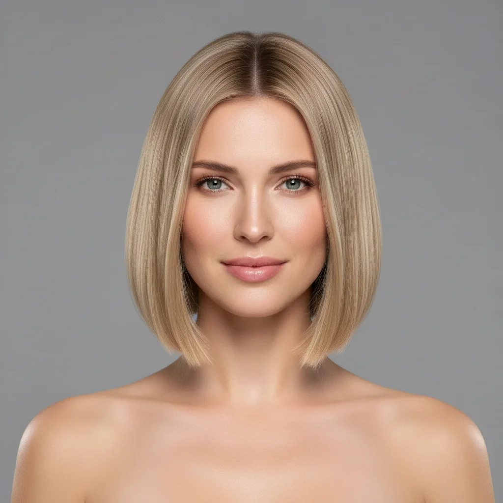 Same woman with a sleek chin-length bob applied from reference