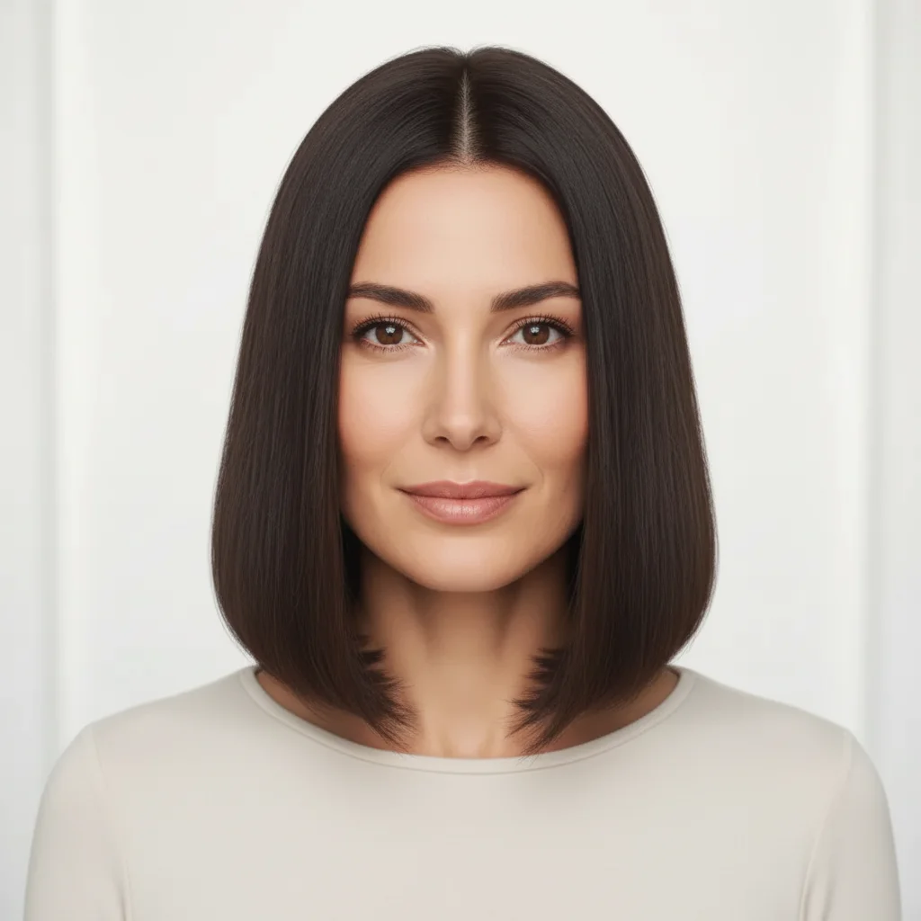 Same woman with a shoulder-length lob hairstyle applied from reference