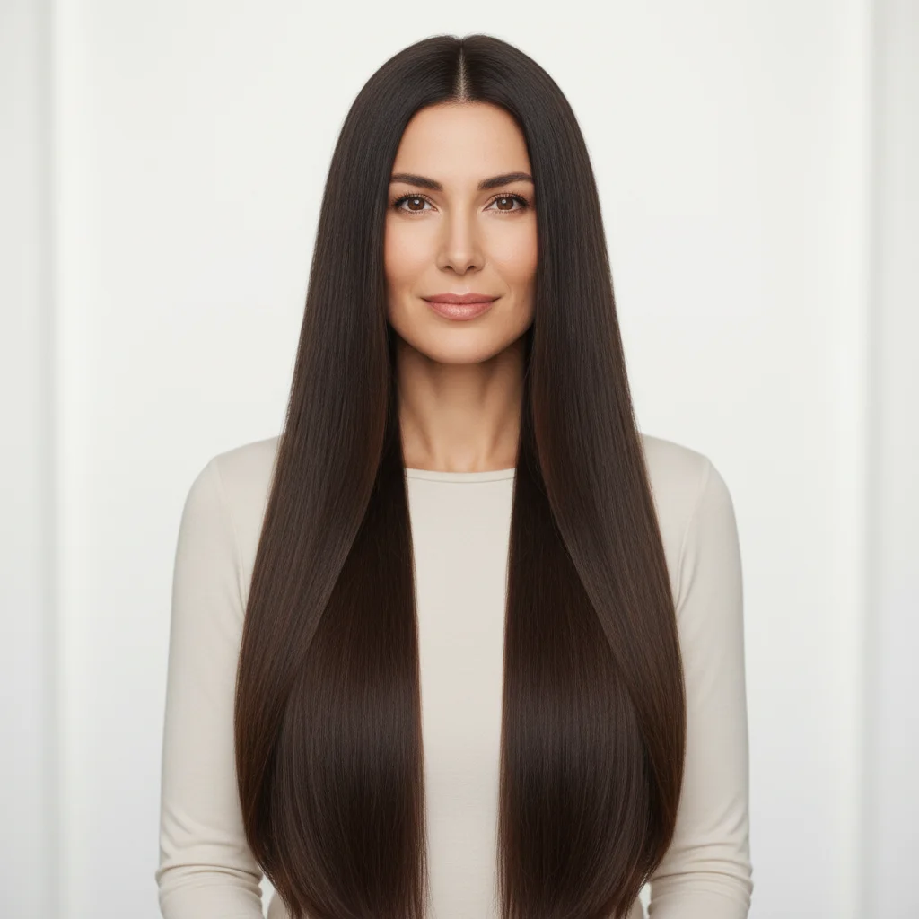 Woman with long straight dark brown hair
