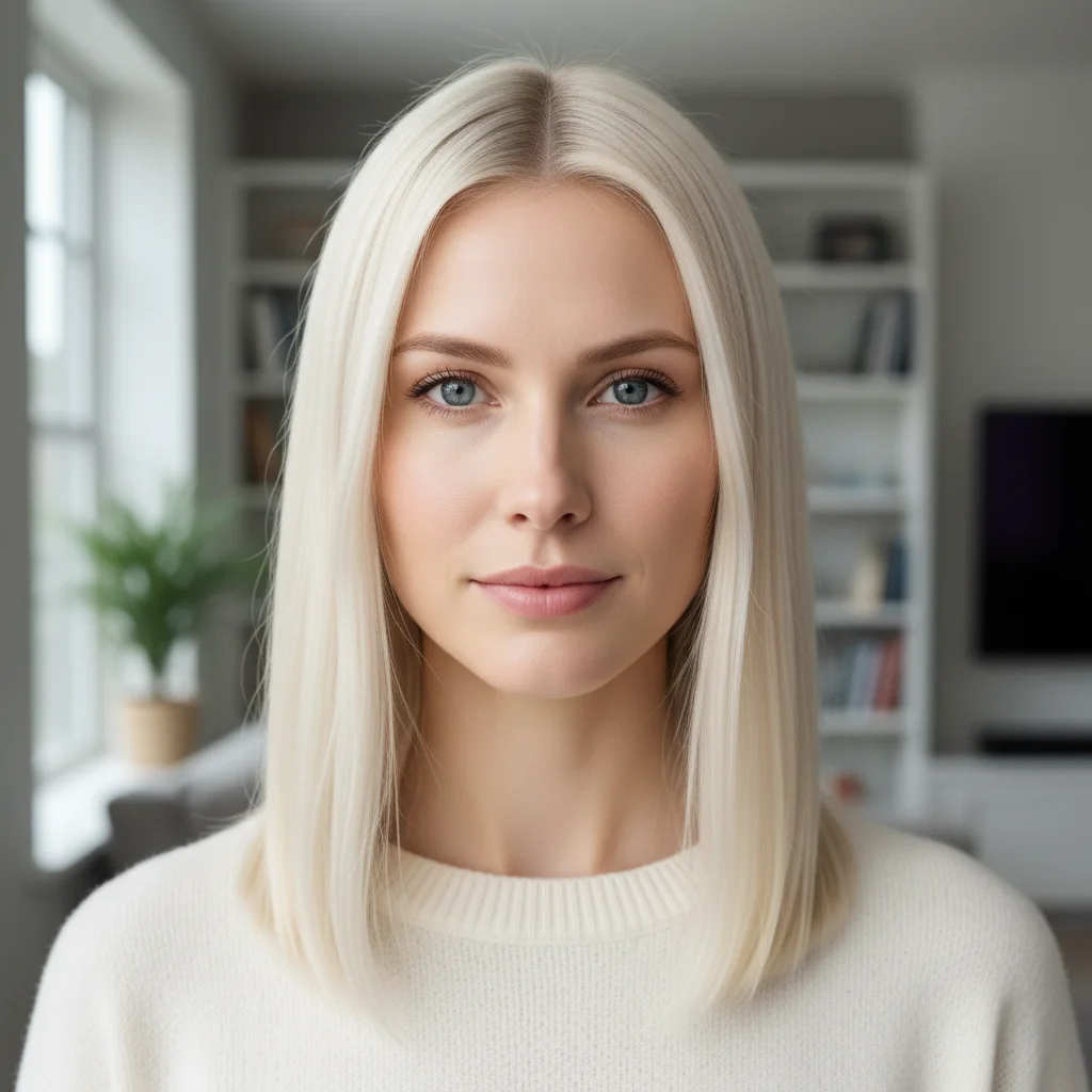 Woman with straight blonde mid-length hair