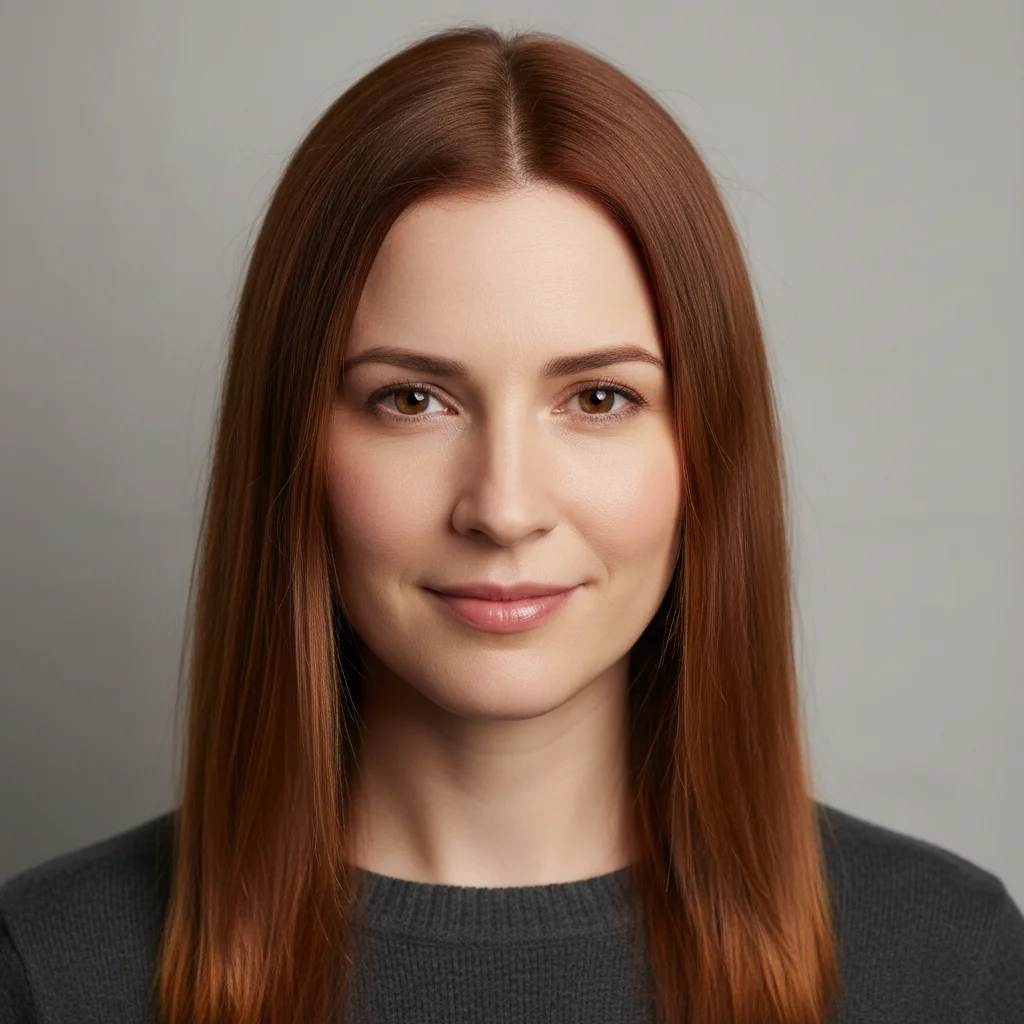 Woman with straight auburn shoulder-length hair