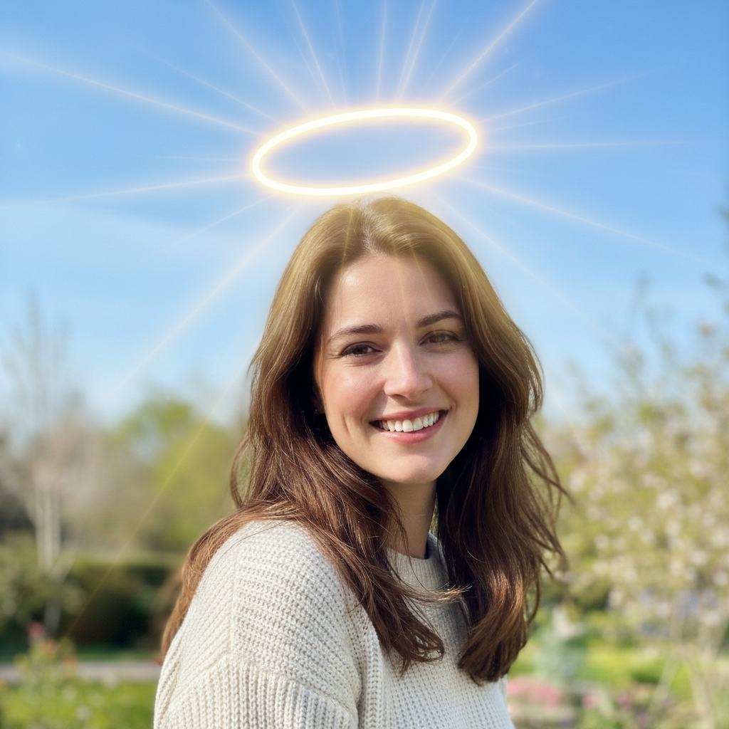 Same portrait with golden halo and light rays