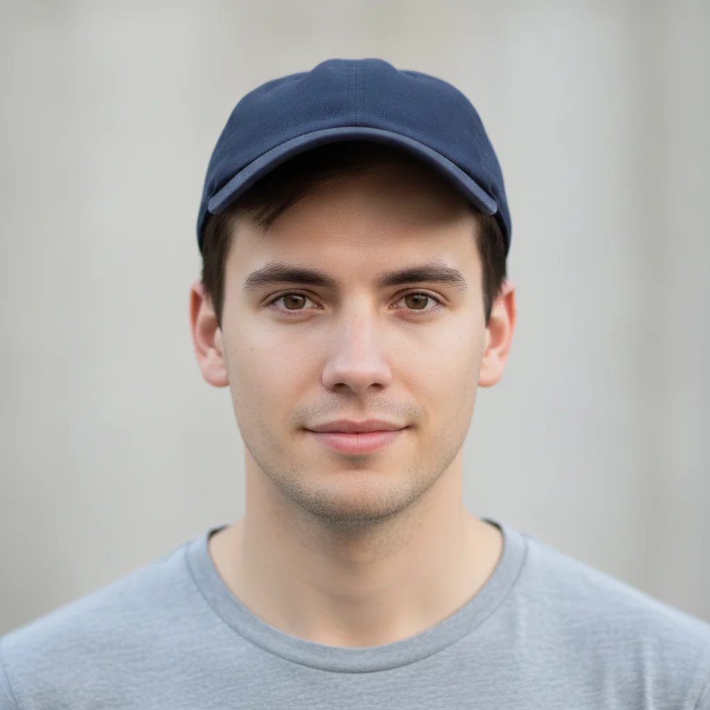 The same man wearing a navy baseball cap, the brim casting a soft shadow across his forehead