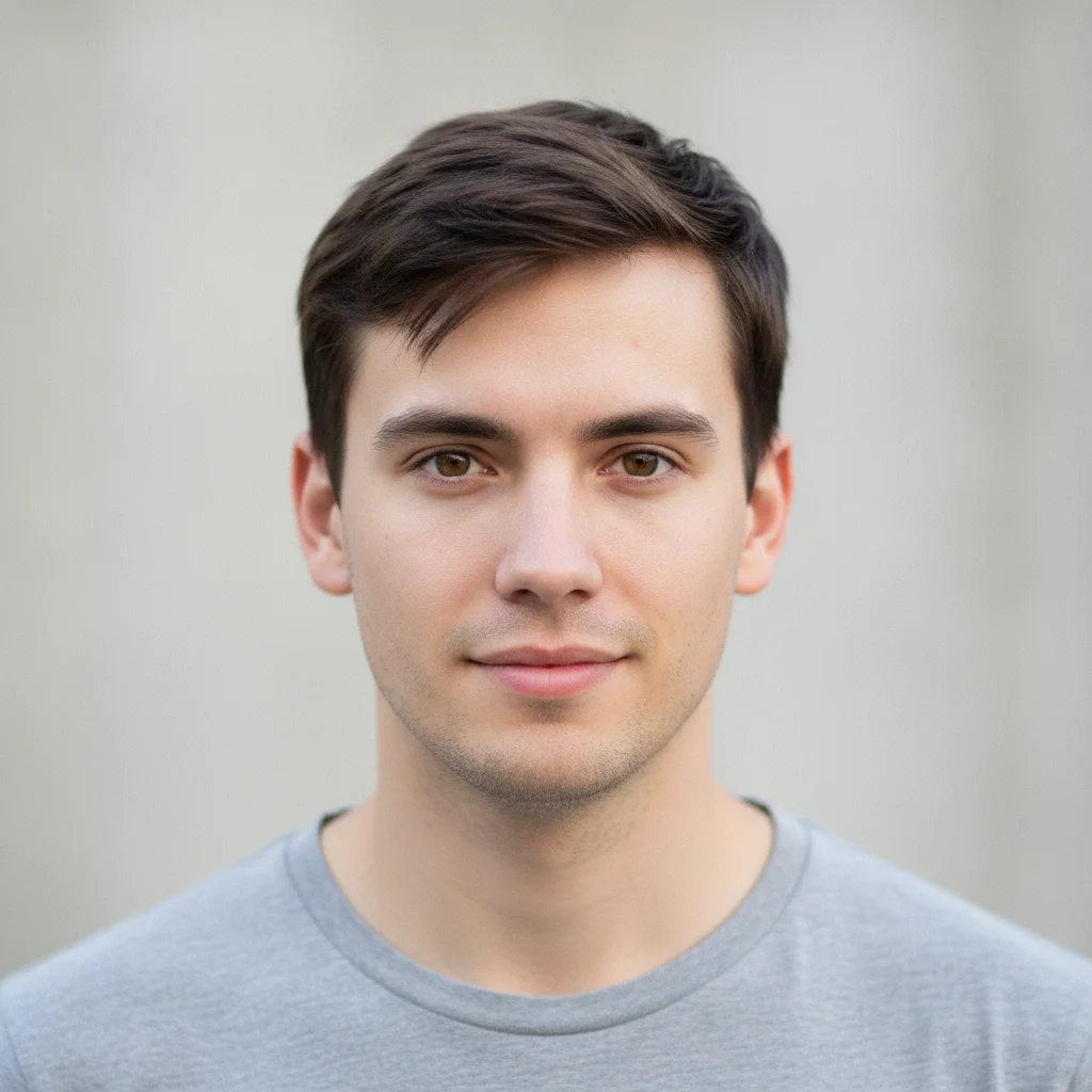 Young man with short dark hair and no headwear against a plain light background