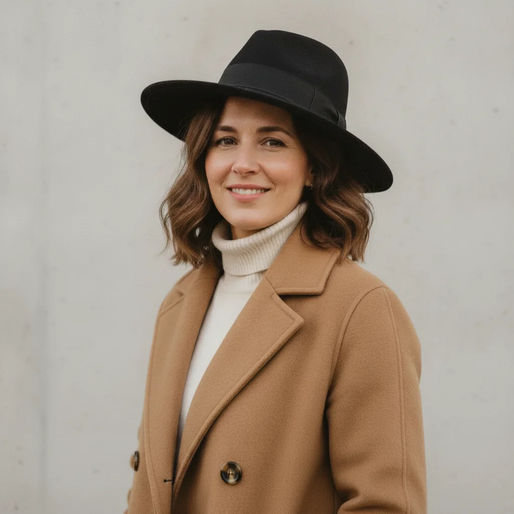 The same woman wearing a black felt fedora seated on her hair with a soft shadow across her brow