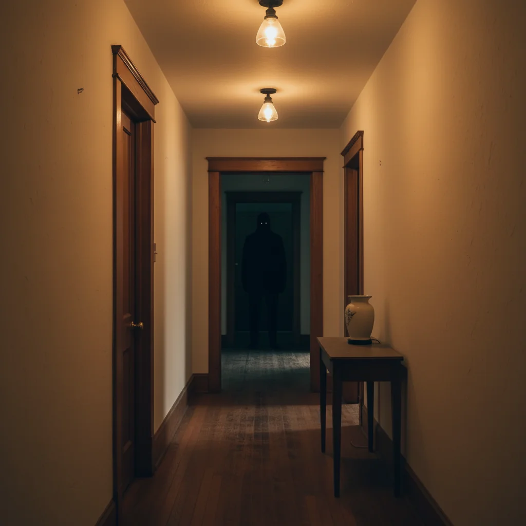 Hallway with AI-added intruder silhouette in doorway