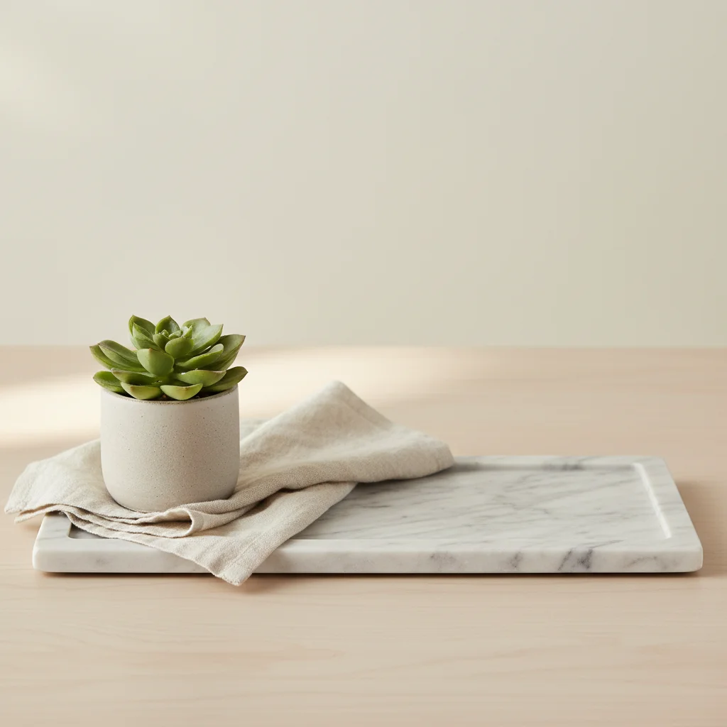 Marble tray with plant and napkin but empty space on the right