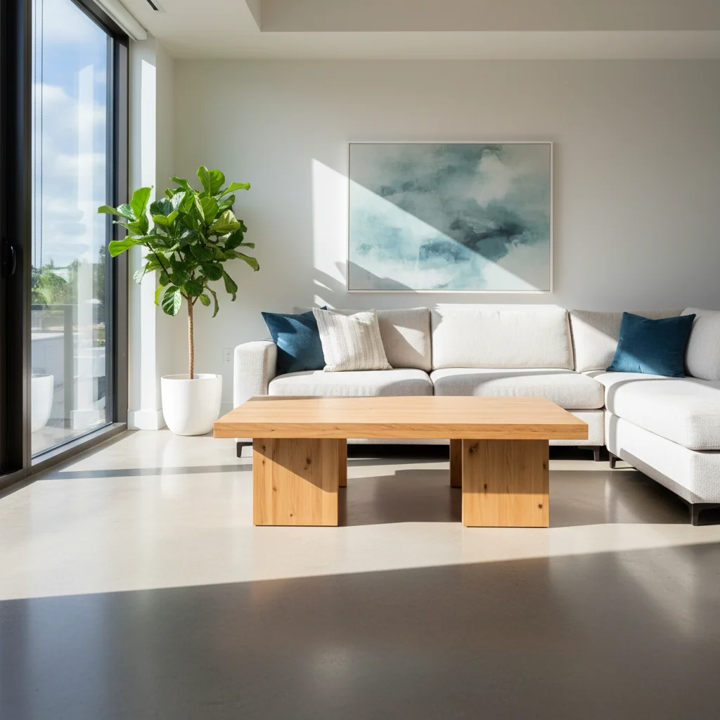 Living room with empty coffee table in the foreground