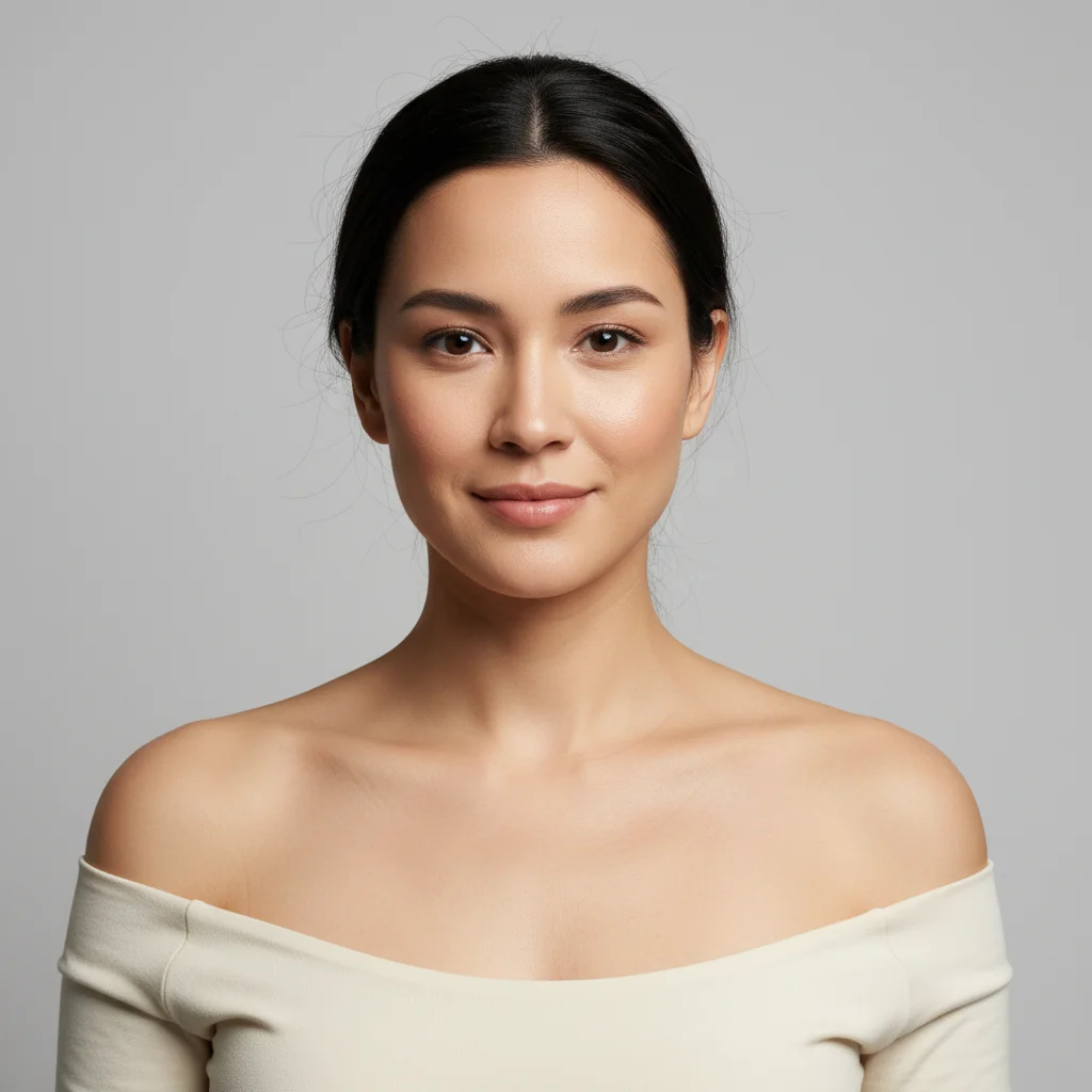 Model portrait with visible neckline and collarbone, no jewelry