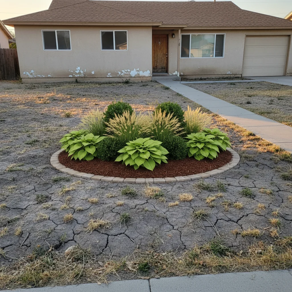 Same house with full landscape design applied from reference showing beds, plantings, and defined walkway