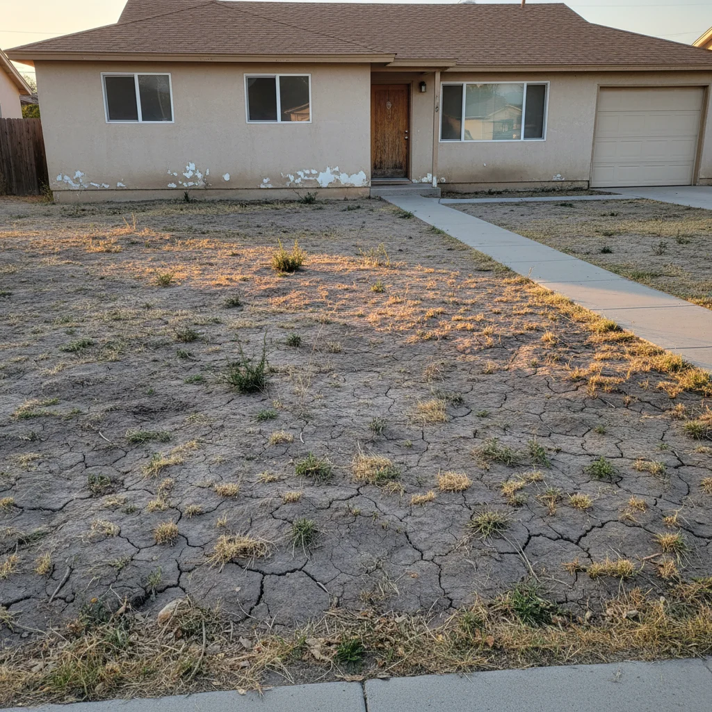 Suburban house front yard with bare dirt, patchy lawn, and no landscaping