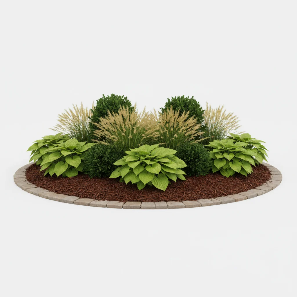 Reference photo of attractive front yard landscaping with ornamental grasses and foundation plantings