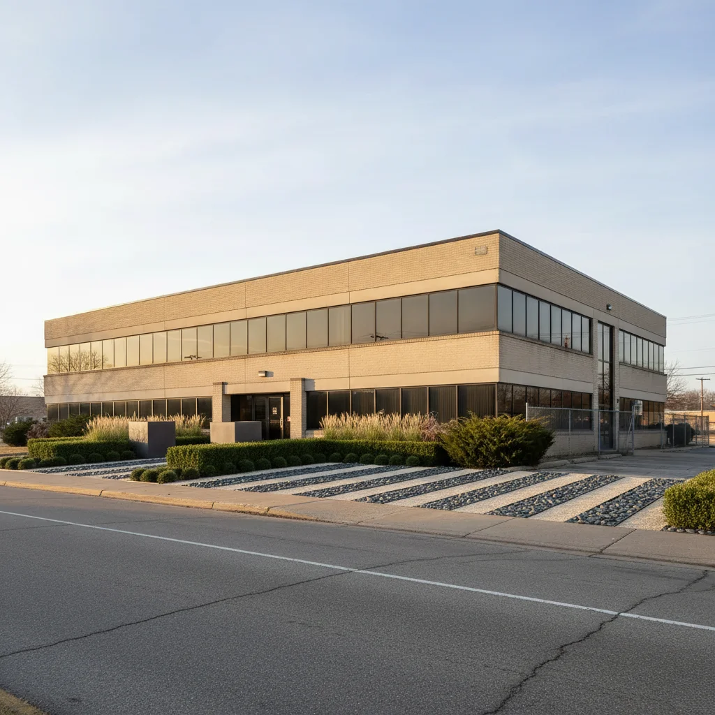 Same commercial building with formal low-maintenance landscape design applied from contractor's reference portfolio