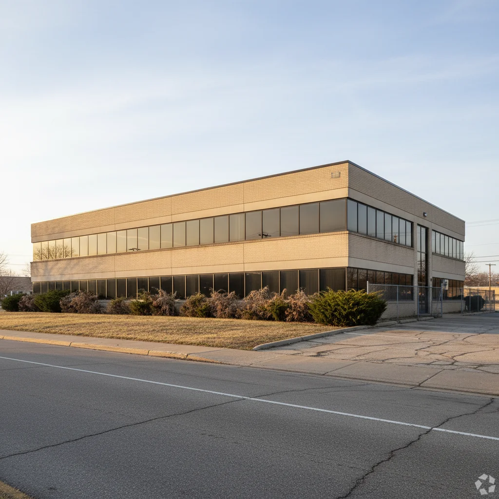 Commercial office building with minimal outdated landscaping and bare front areas