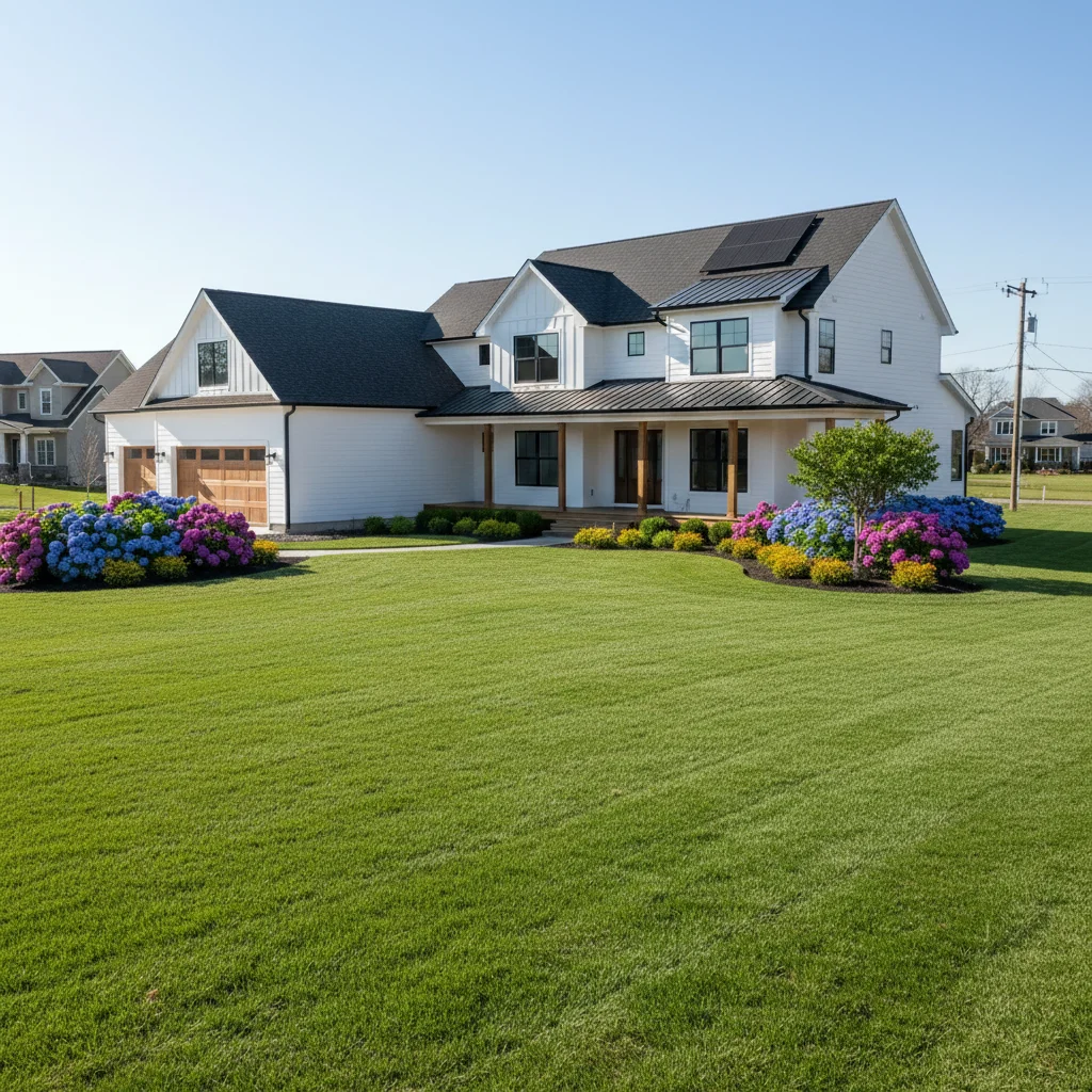 Same new construction home with full yard landscaping applied from builder's reference photo
