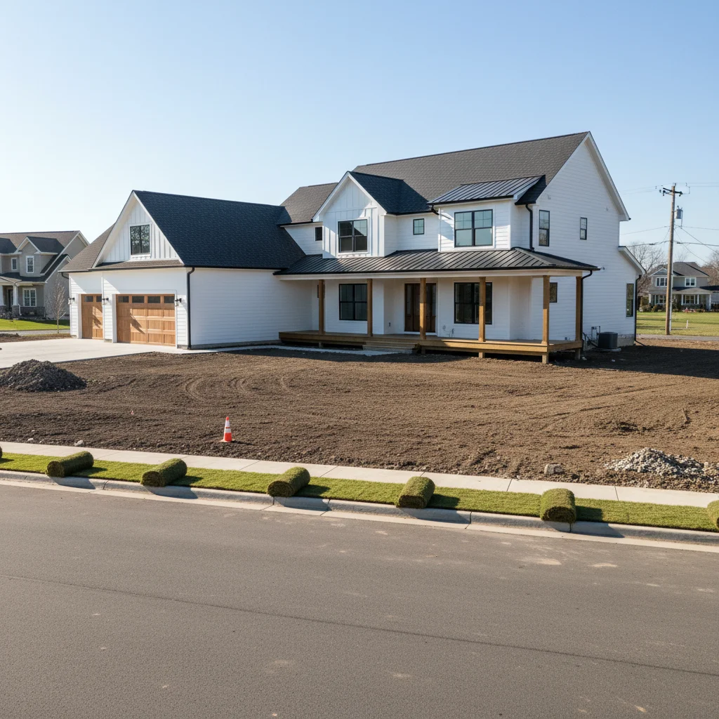 Newly completed custom home with completely bare dirt yard and no landscaping installed