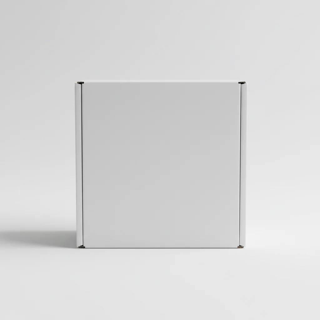 Plain white box with blank front face under studio lighting