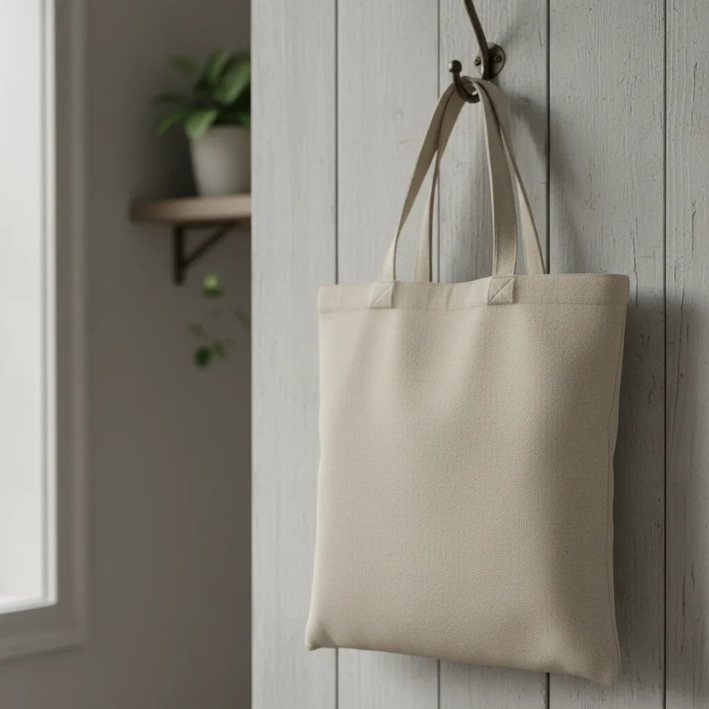 Plain canvas tote bag with blank front panel in natural light