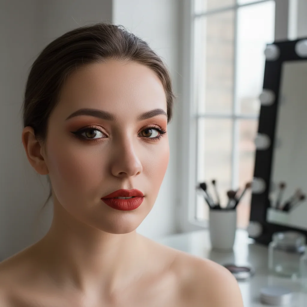 Same woman with glamorous evening makeup including bold lips and smoky eyes