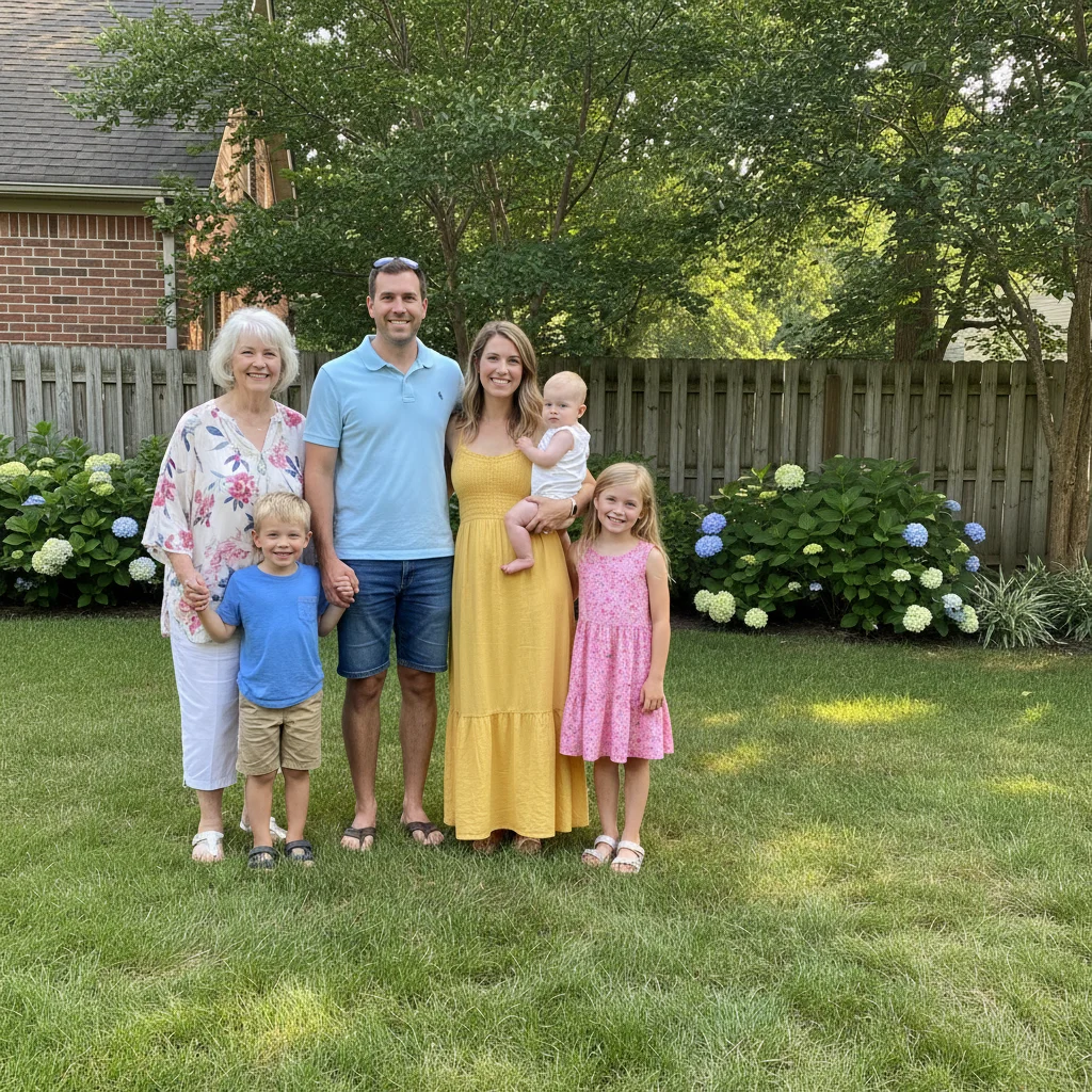 Family reunion photo with gap at right end of lineup
