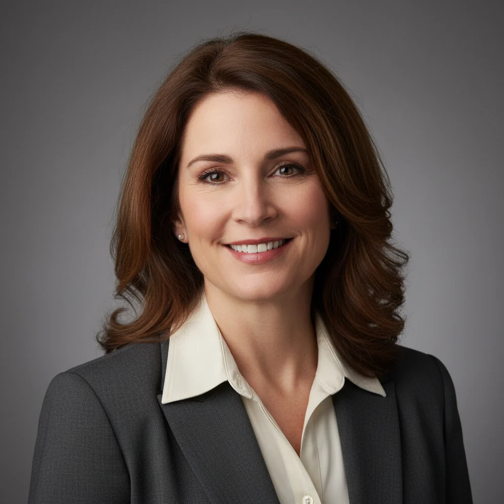 Portrait of the woman to add — middle-aged, dark blazer over light shirt