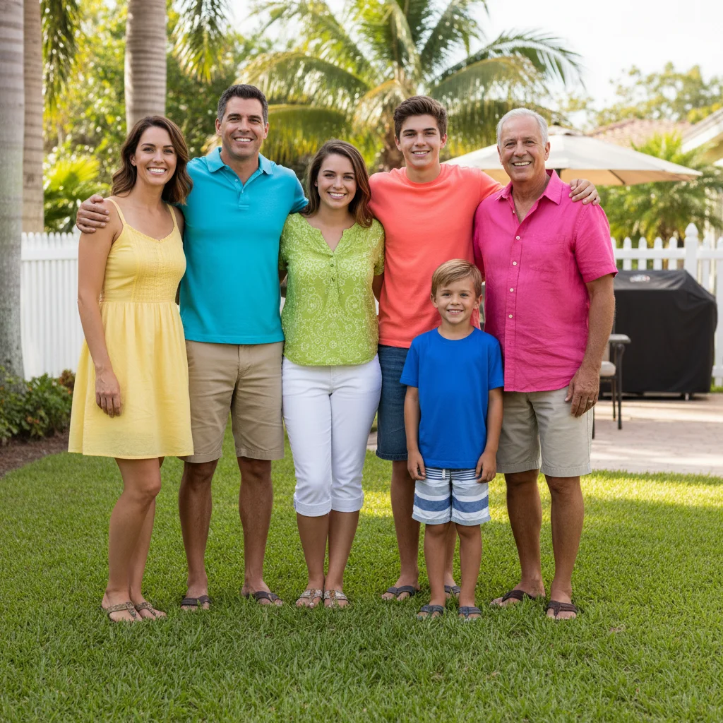 Family reunion photo with a space in the front for the grandmother