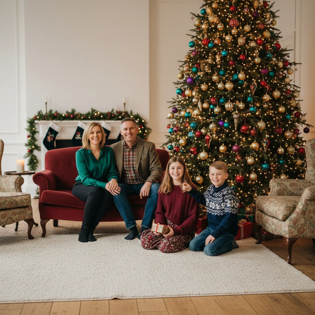 Holiday family photo with space on the left for a missing person