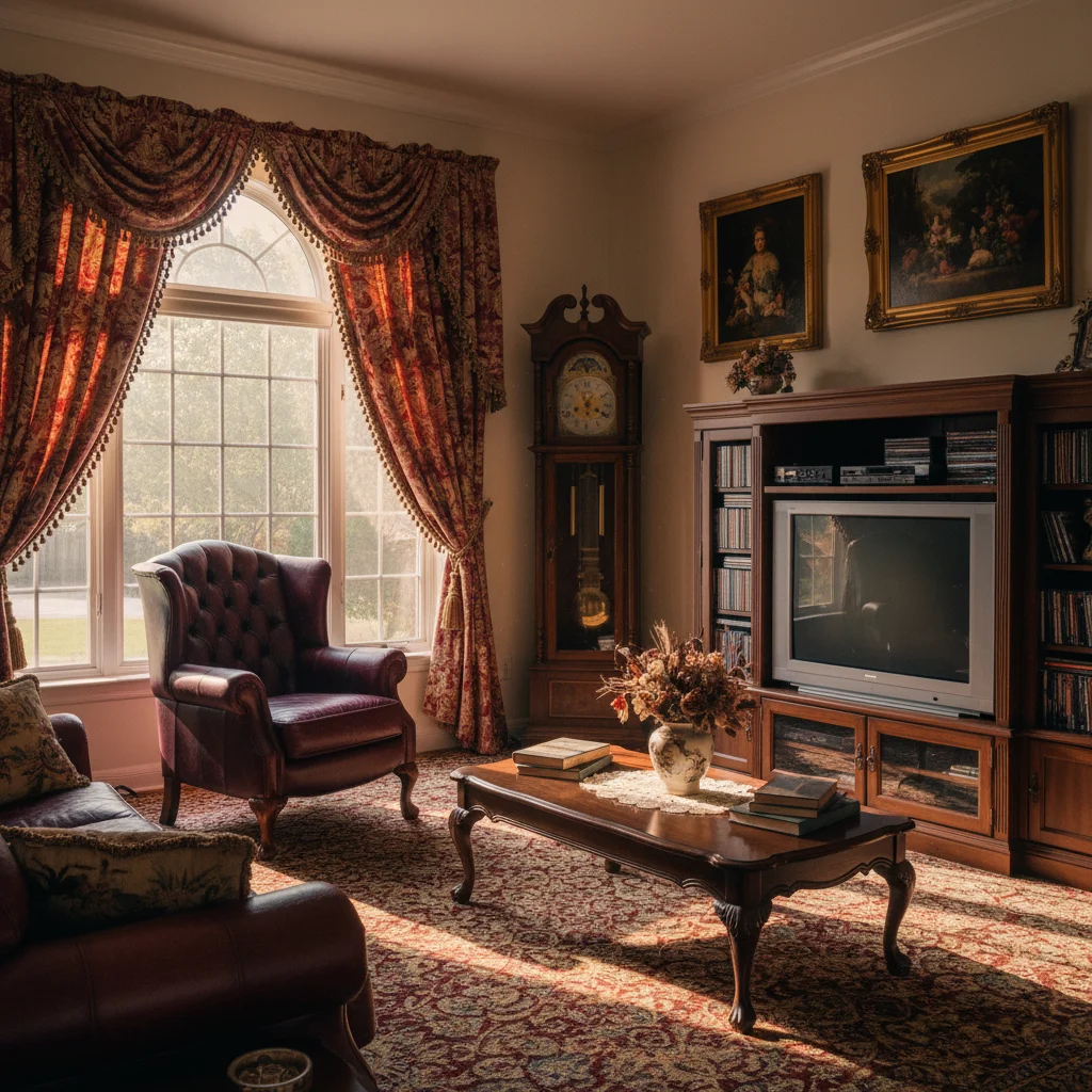 Traditional living room corner with heavy tufted armchair and ornate curtains