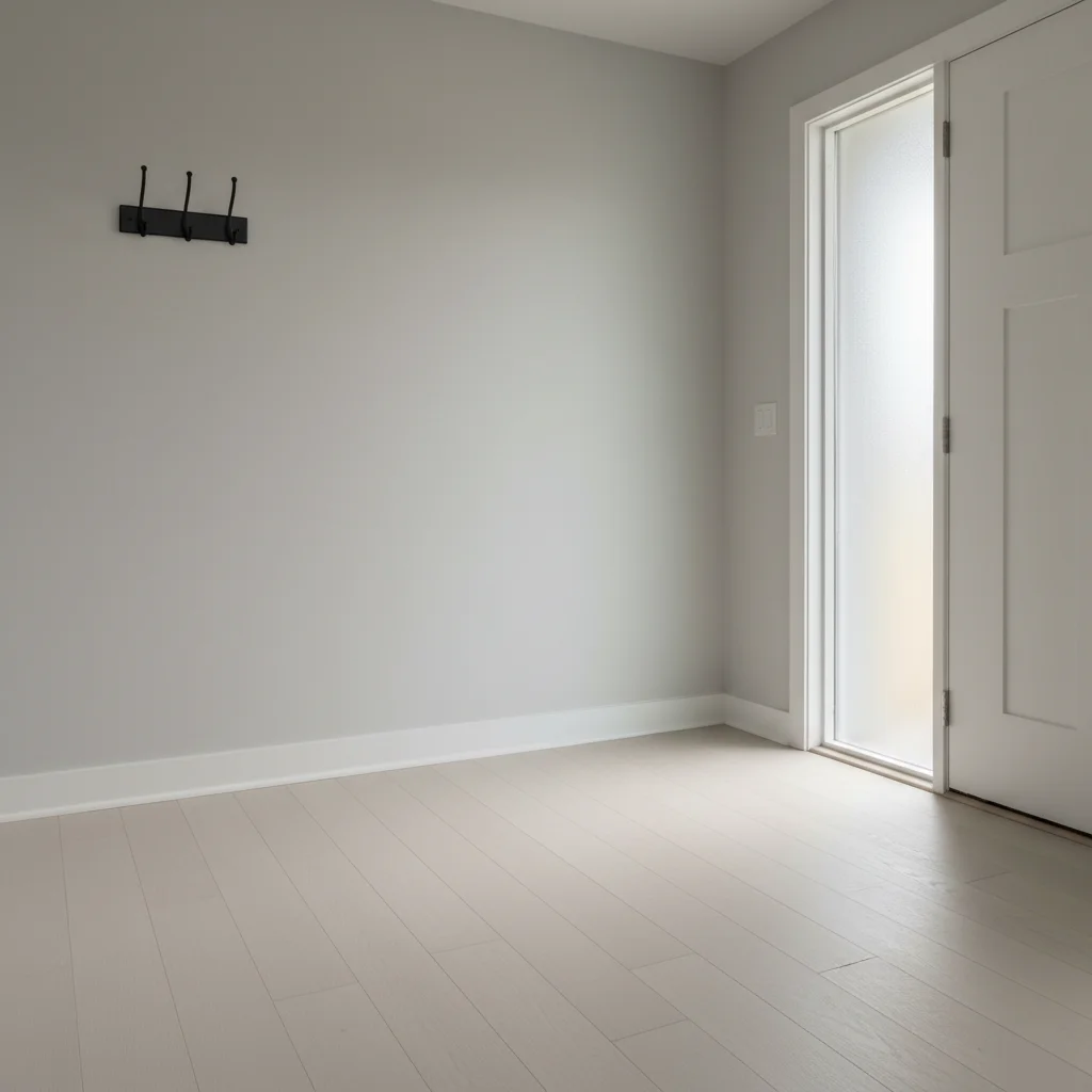Empty home entryway with gray walls and bare floor