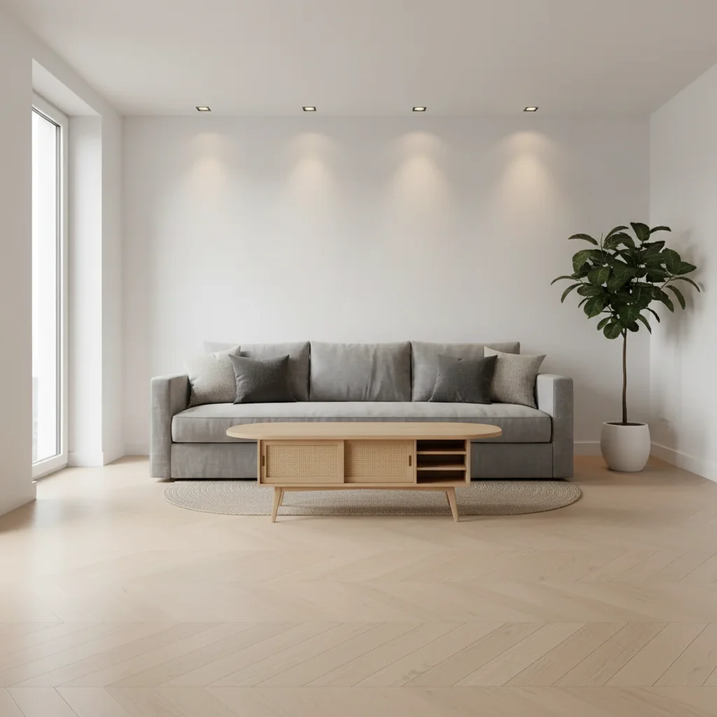 Same room with contemporary oval coffee table centered in front of sofa