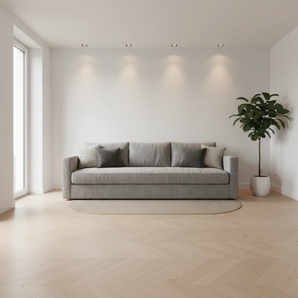 Modern living room with sofa but no coffee table