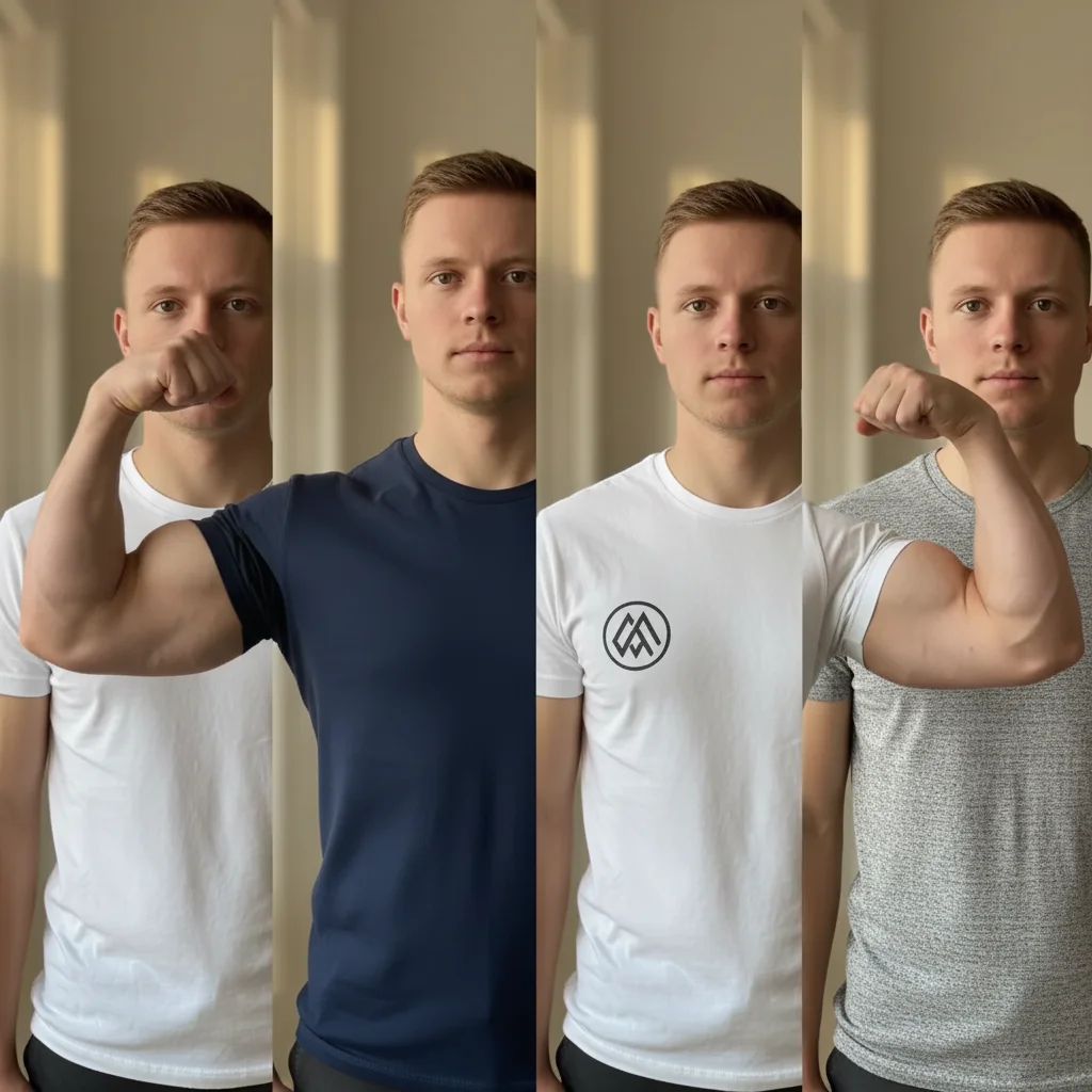 Same man with visibly larger arms and broader chest through the white t-shirt