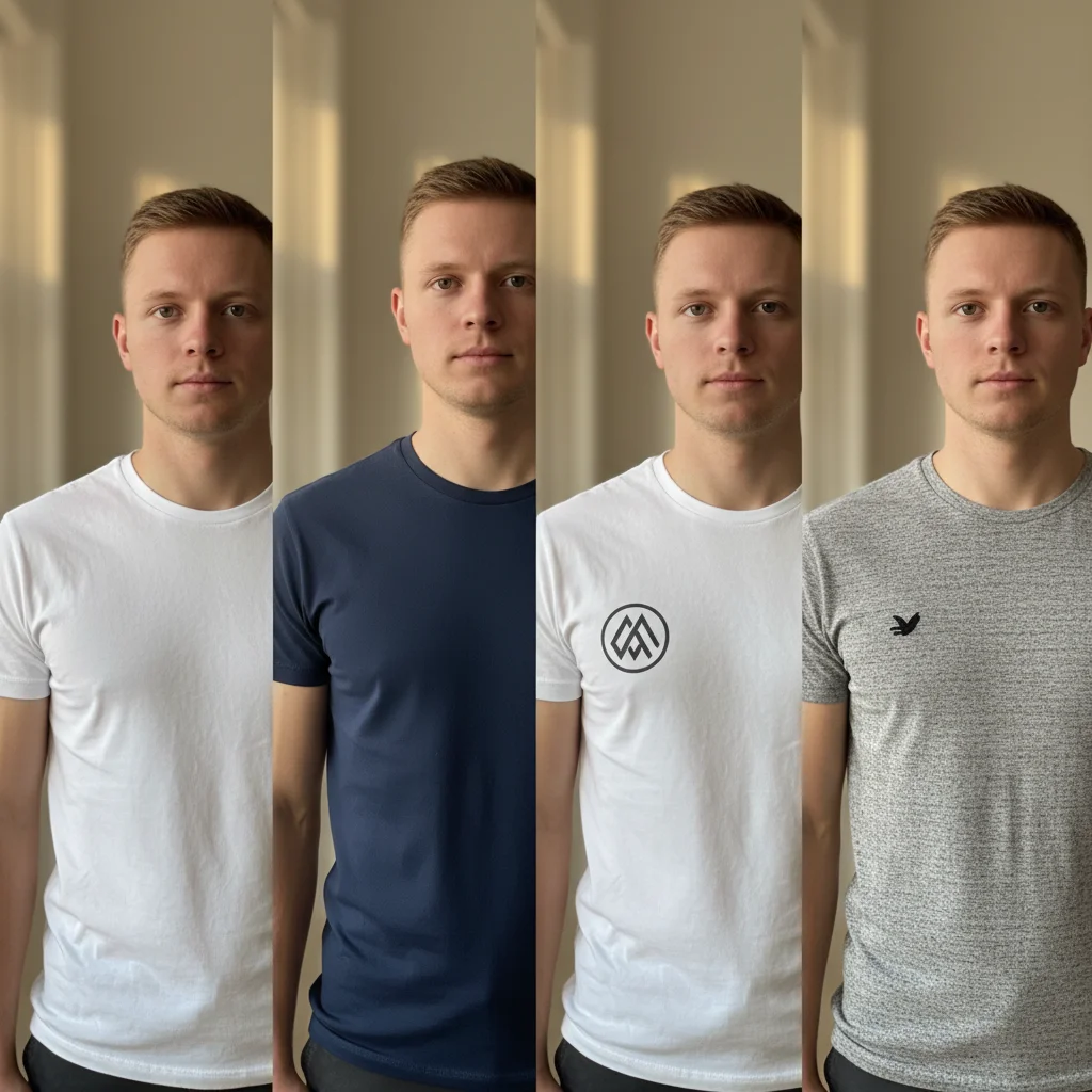 Young man with average build in a white t-shirt