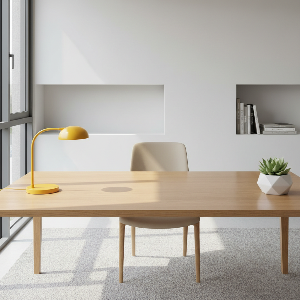 Empty desk with plant and lamp
